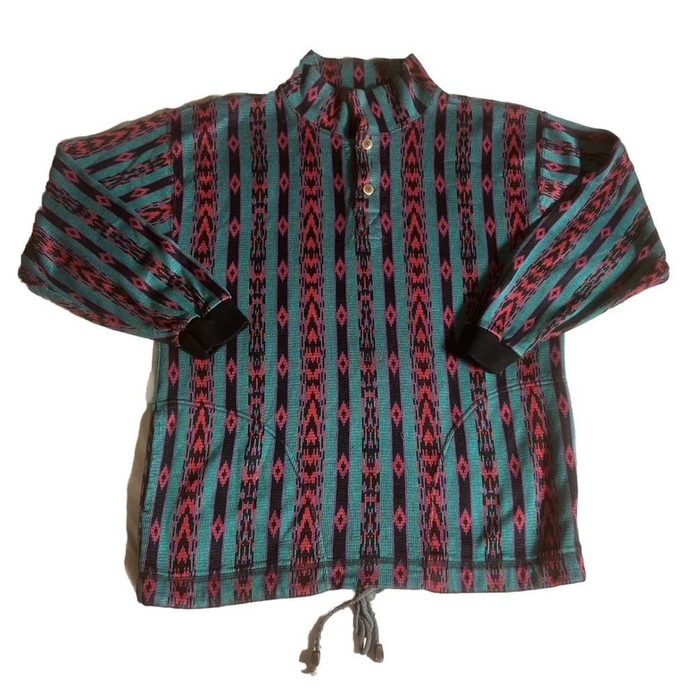 Vintage Denim Express Teal and Pink Geometric 80s Knit Sweater Size L Korea